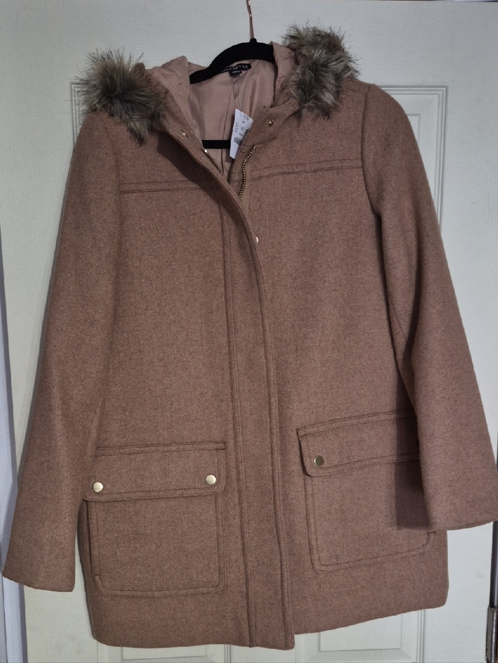 J. Crew Factory Camel Hooded Wool-Blend Pea Coat with Faux-Fur Trim